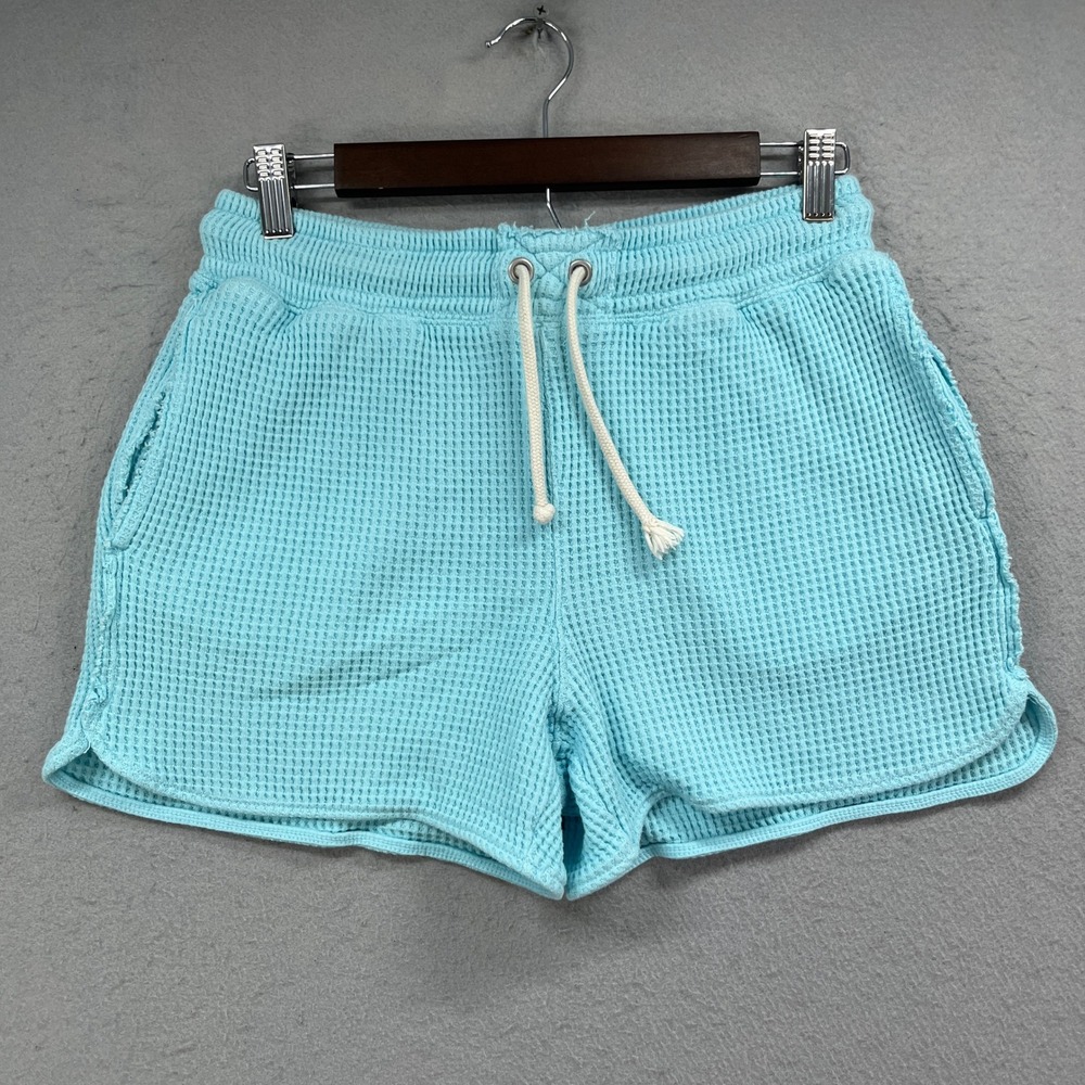 Aerie Waffle Knit Lounge Shorts Womens XS Blue Dolphin Hem Drawstring Thermal